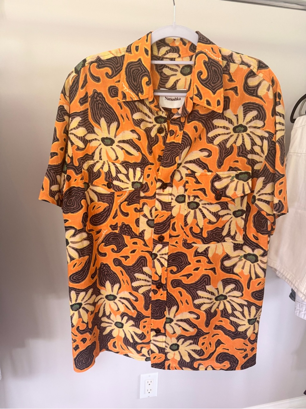 Nanushka Orange and Cream Floral Short-Sleeve Button-Up Shirt